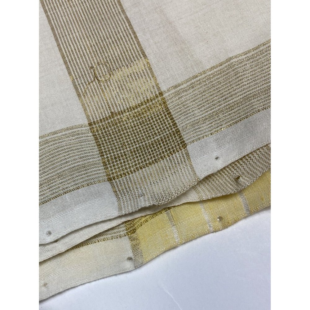 Vintage Gold Yellow White Textile Fabric Plaid Fringe Sari Dupatta Luxury Cloth - Picture 5 of 7